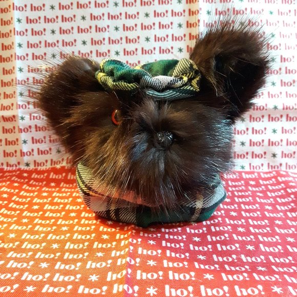 Tartan Teddy Bear Christmas Ornament - Genuine Fur - Muskrat - Picture 1 of 5